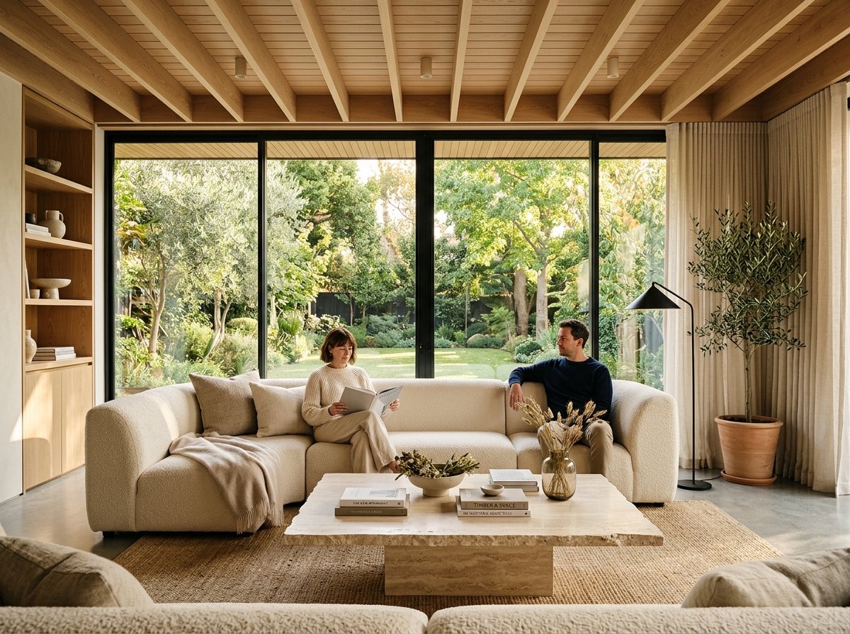 Living contemporâneo com teto amadeirado e estofados em linho cru